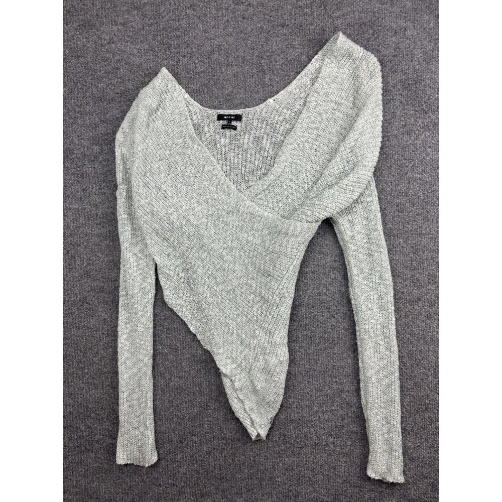 Miss Me Sweater‎ Womens Small Gray Asymmetrical Wrap V Neck Knit Pullover Top